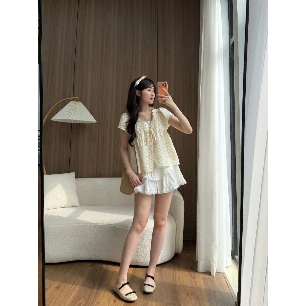 Áo babydoll hoa nhí viền bèo phối ren nơ ngực tay phồng tiểu thư siêu xinh - Ảnh 4