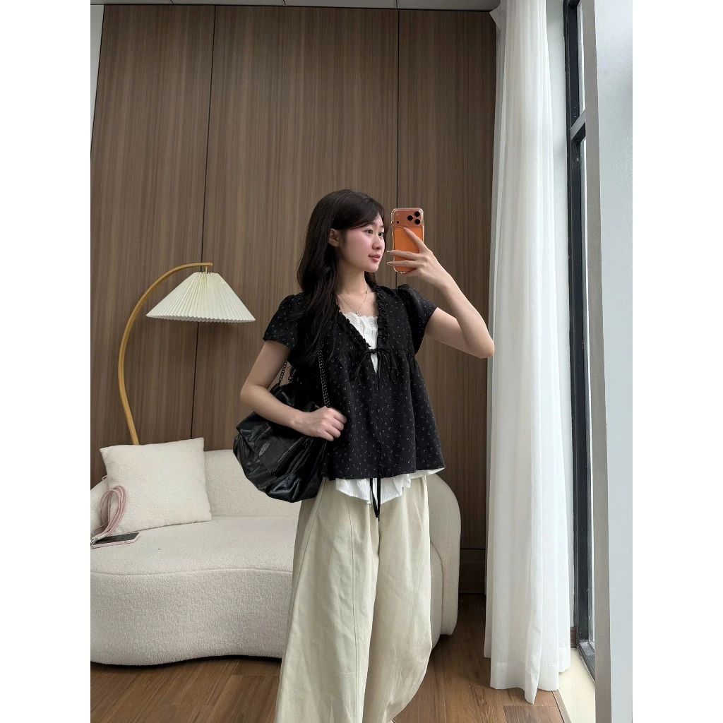 Áo babydoll hoa nhí viền bèo phối ren nơ ngực tay phồng tiểu thư siêu xinh - Ảnh 5