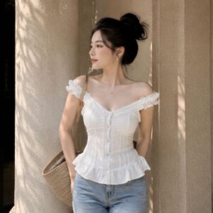 Áo babydoll kiểu nữ vạt xòe phối cúc bọc vải mùa hè trẻ trung - Hình ảnh 1