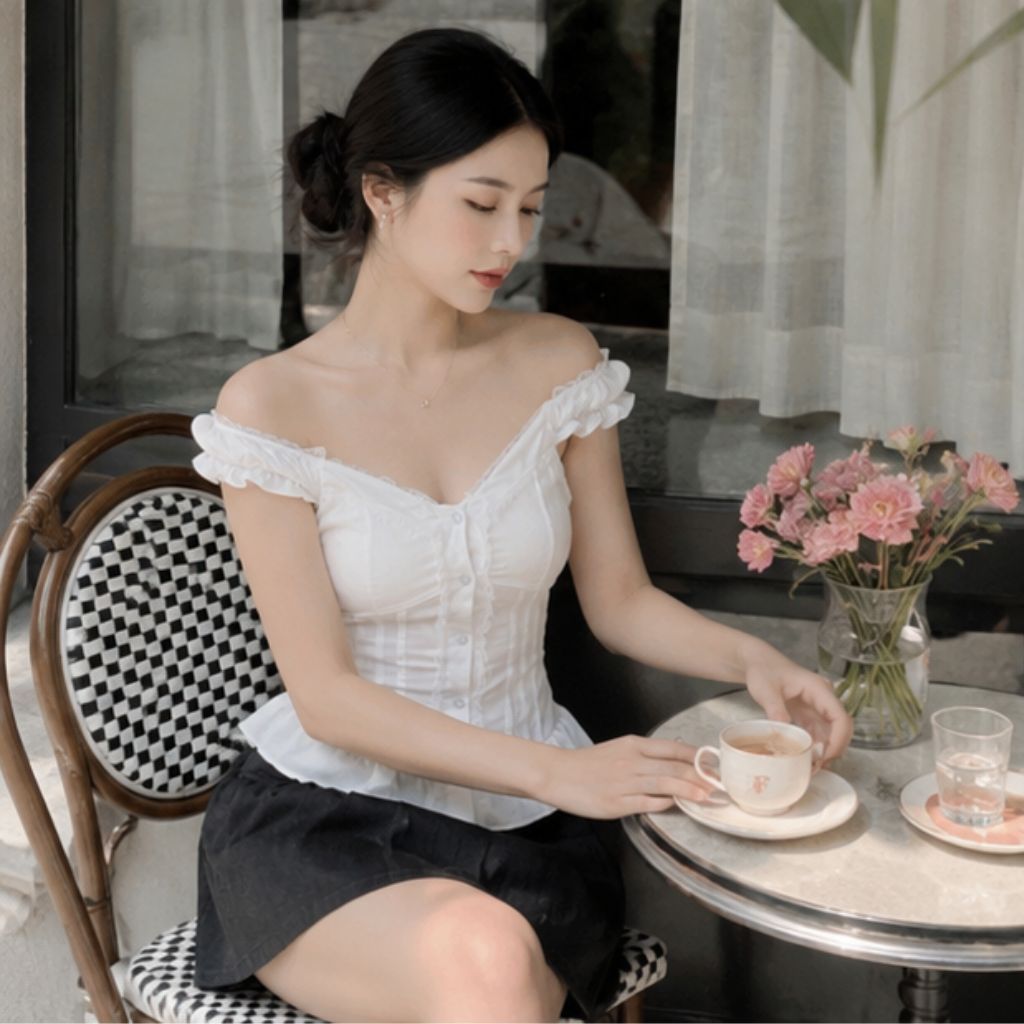 Áo babydoll kiểu nữ vạt xòe phối cúc bọc vải mùa hè trẻ trung