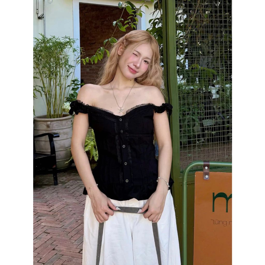 Áo babydoll kiểu nữ vạt xòe phối cúc bọc vải mùa hè trẻ trung - Ảnh 3