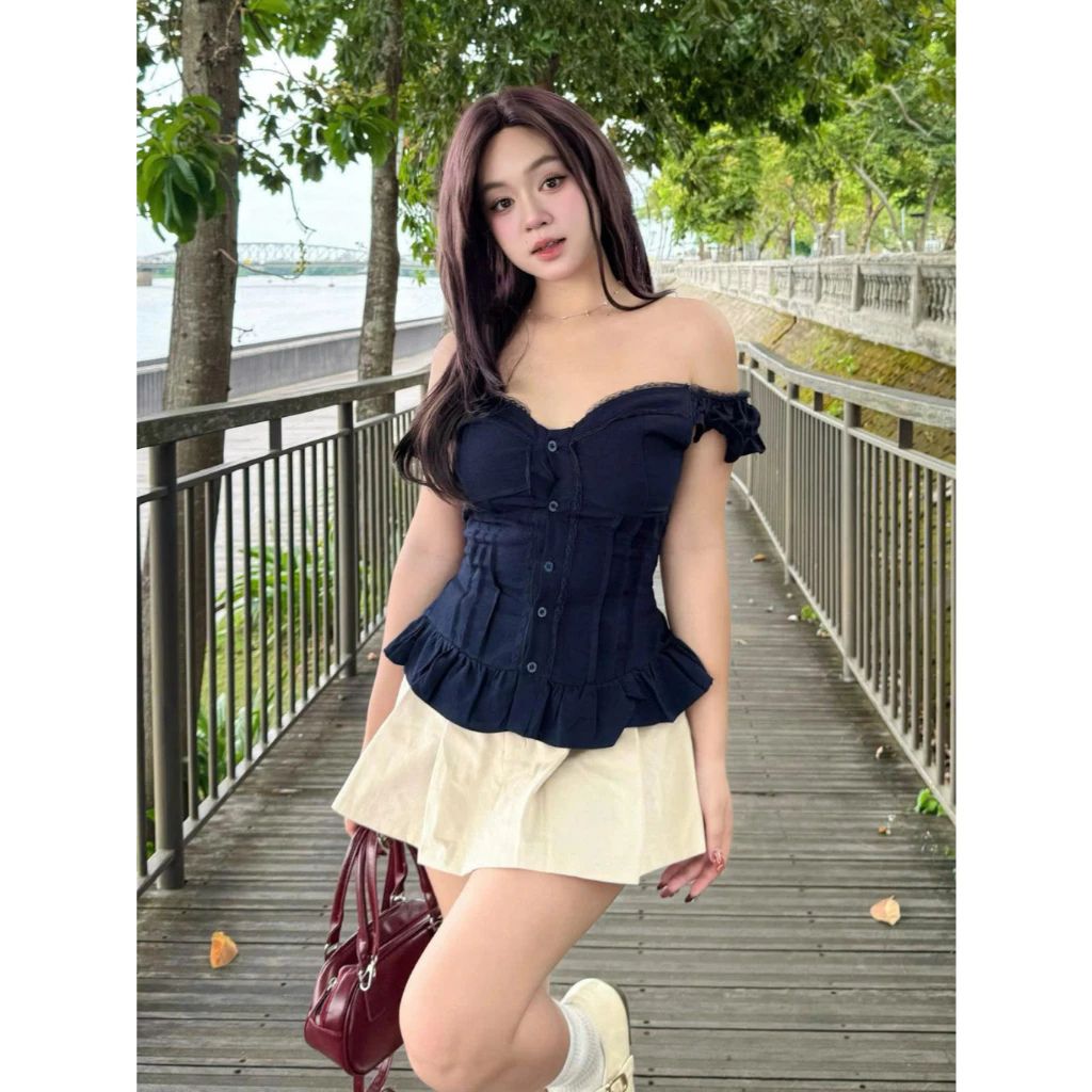 Áo babydoll kiểu nữ vạt xòe phối cúc bọc vải mùa hè trẻ trung - Ảnh 6