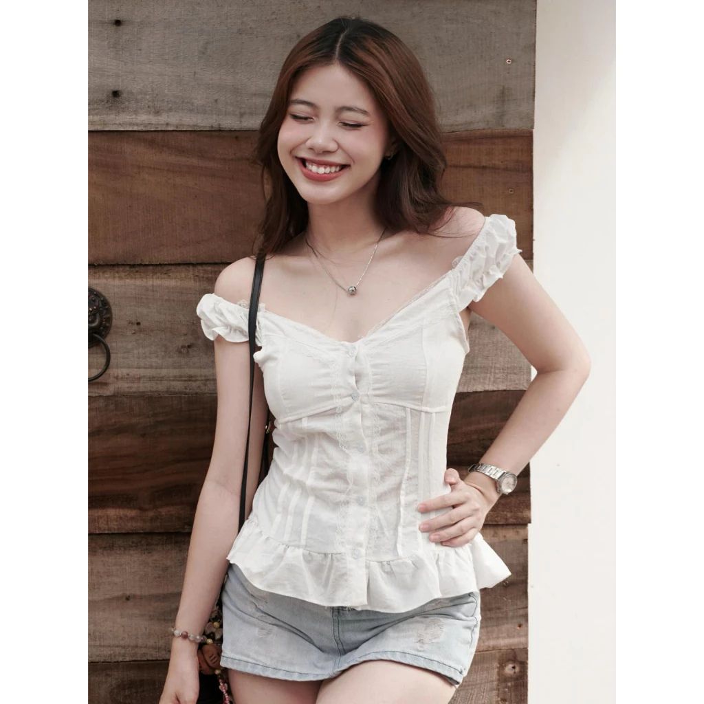 Áo babydoll kiểu nữ vạt xòe phối cúc bọc vải mùa hè trẻ trung