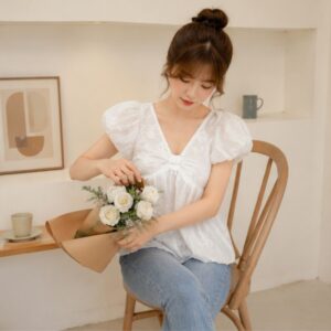 Áo babydoll tay bồng cổ tim dáng bí ngô nữ tính siêu xinh - Hình ảnh 3