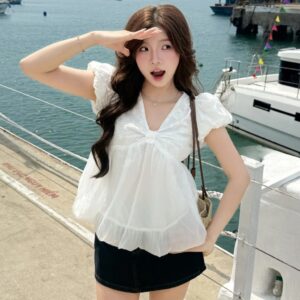 Áo babydoll tay bồng cổ tim dáng bí ngô nữ tính siêu xinh