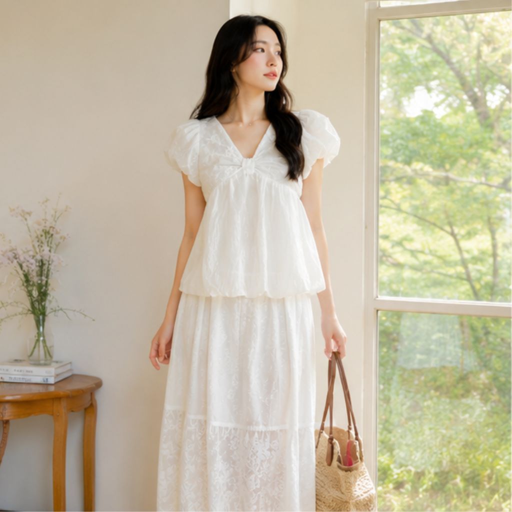 Áo babydoll tay bồng cổ tim dáng bí ngô nữ tính siêu xinh - Ảnh 4