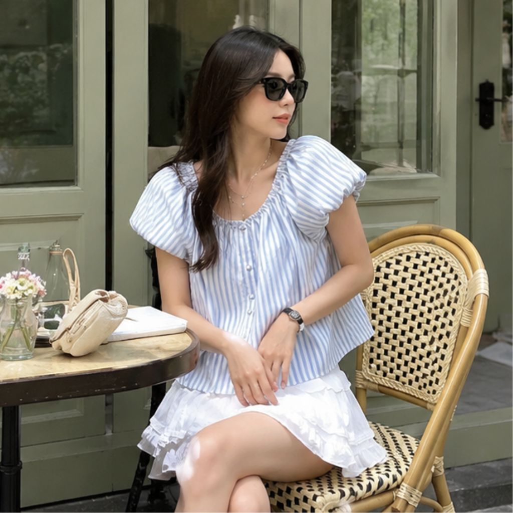 Áo babydoll trễ vai kẻ sọc xanh đính cúc bọc siêu xinh - Ảnh 4