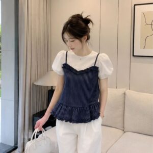 Áo kiểu tay bồng phối áo 2 dây bèo nhún – phong cách tiểu thư nữ tính