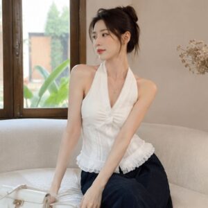 Áo sơ mi cổ yếm chữ V viền ren bèo nhún áo kiểu nữ ulzzang đi biển