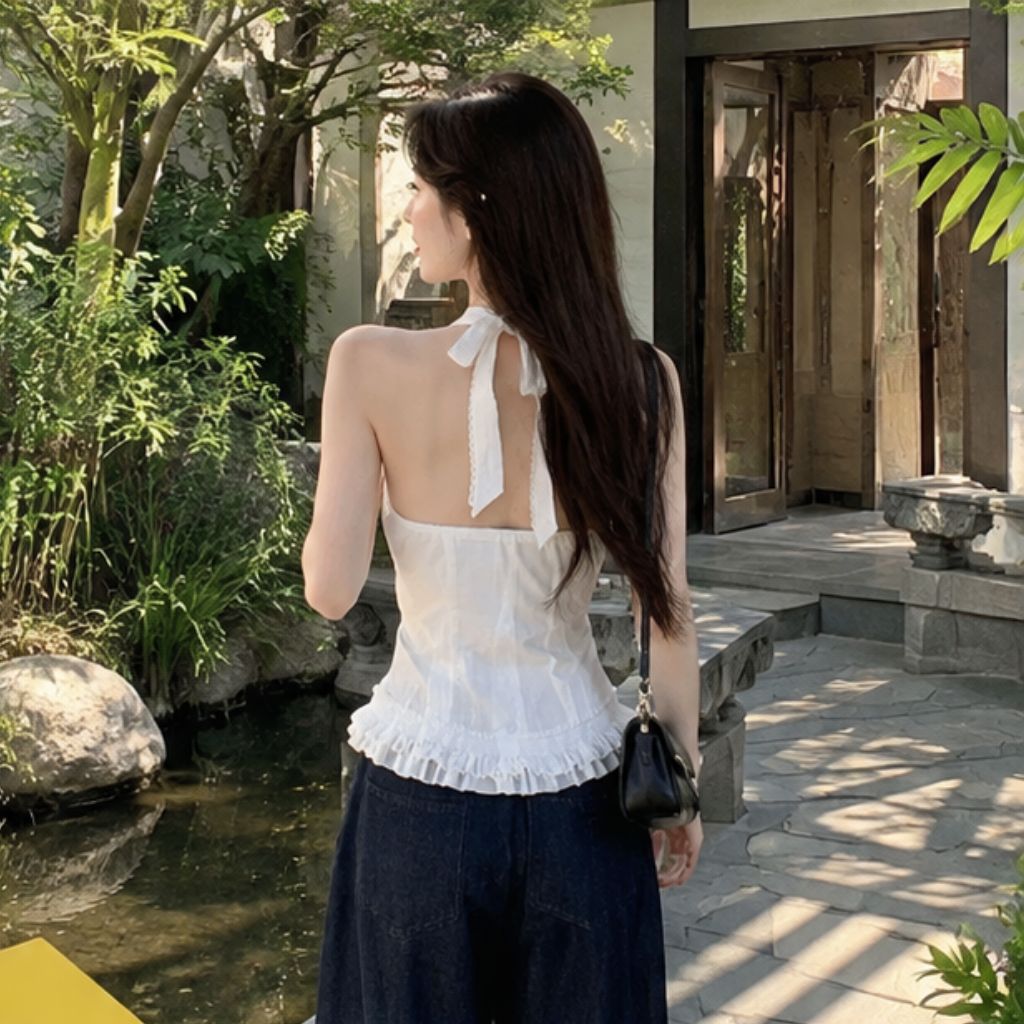 Áo sơ mi cổ yếm chữ V viền ren bèo nhún áo kiểu nữ ulzzang đi biển
