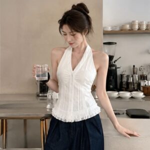 Áo sơ mi cổ yếm chữ V viền ren bèo nhún áo kiểu nữ ulzzang đi biển - Hình ảnh 3