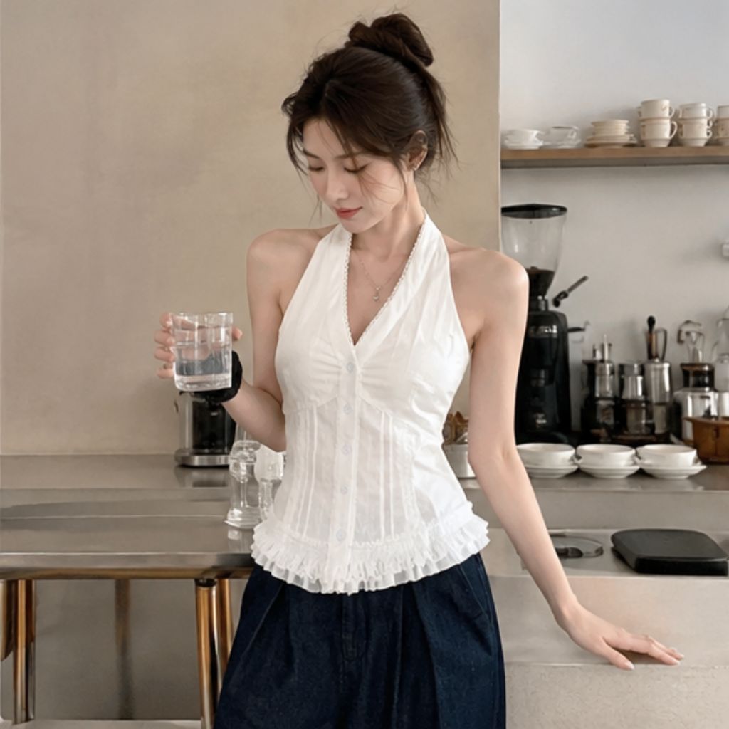 Áo sơ mi cổ yếm chữ V viền ren bèo nhún áo kiểu nữ ulzzang đi biển