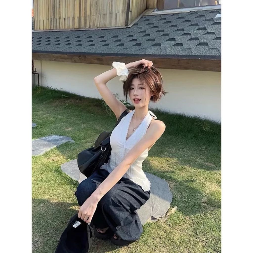 Áo sơ mi cổ yếm chữ V viền ren bèo nhún áo kiểu nữ ulzzang đi biển - Ảnh 3