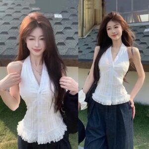 Áo sơ mi cổ yếm chữ V viền ren bèo nhún áo kiểu nữ ulzzang đi biển