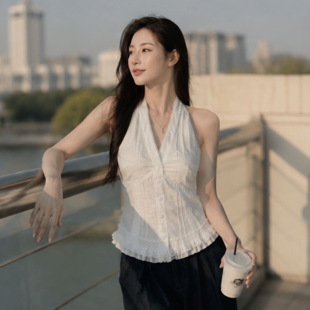 Áo sơ mi cổ yếm chữ V viền ren bèo nhún áo kiểu nữ ulzzang đi biển