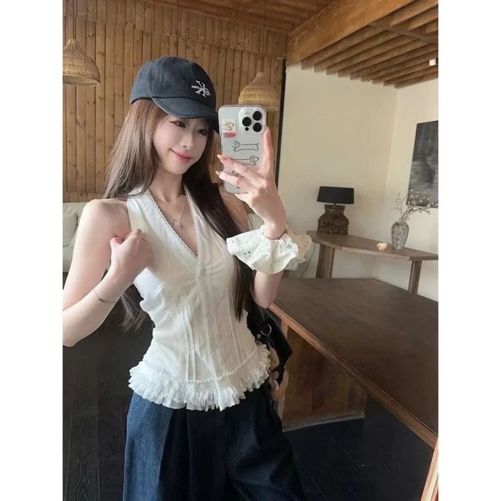 Áo sơ mi cổ yếm chữ V viền ren bèo nhún áo kiểu nữ ulzzang đi biển - Ảnh 7