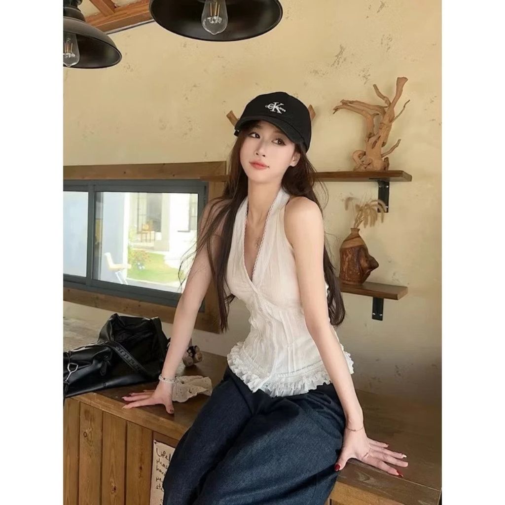 Áo sơ mi cổ yếm chữ V viền ren bèo nhún áo kiểu nữ ulzzang đi biển - Ảnh 8