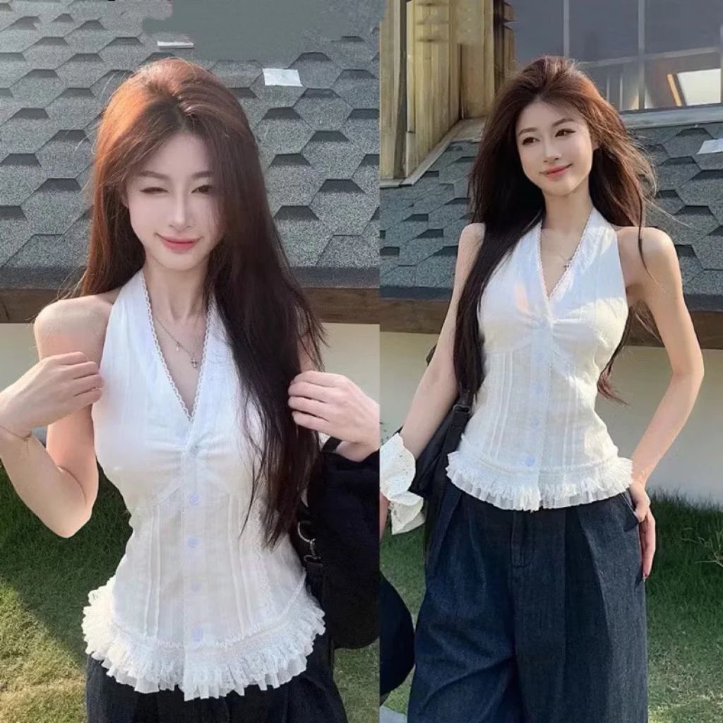 Áo sơ mi cổ yếm chữ V viền ren bèo nhún áo kiểu nữ ulzzang đi biển