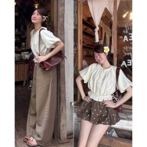 Áo sơ mi cộc tay dáng croptop tay bồng chun dưới thời trang nữ trẻ trung
