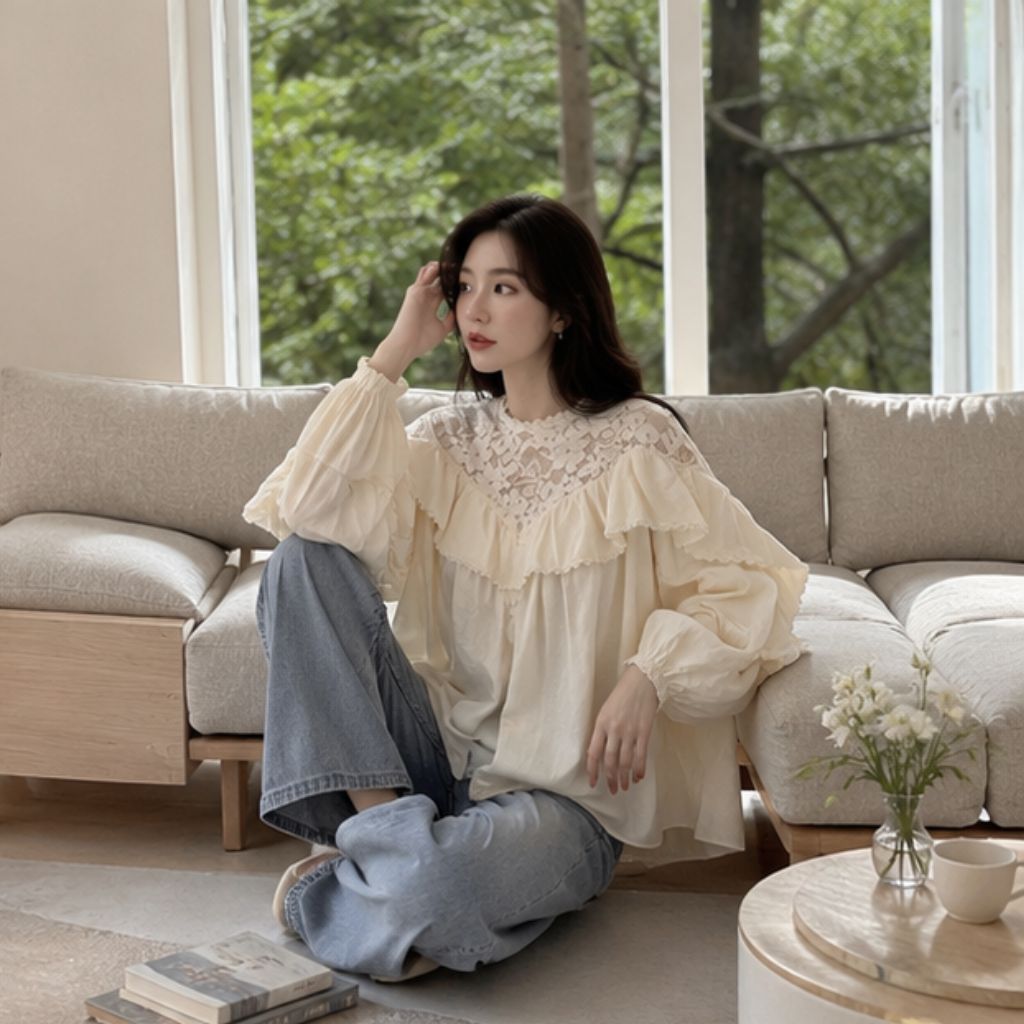 Áo sơ mi phối ren dáng babydoll tay bồng phong cách tiểu thư nữ tính