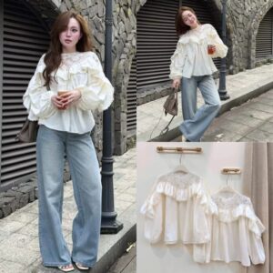 Áo sơ mi phối ren dáng babydoll tay bồng phong cách tiểu thư nữ tính