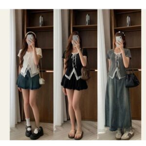 Áo thun cúc dọc phối ren nơ cổ nữ tính thanh lịch dễ phối đồ