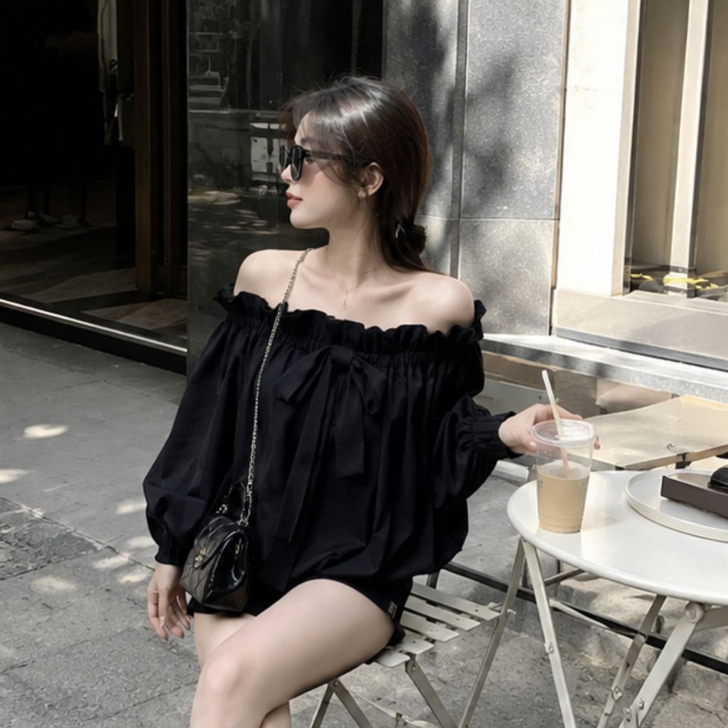 Áo trễ vai tay bồng đính nơ dáng bí phối viền bèo nữ tính chất thô Hàn