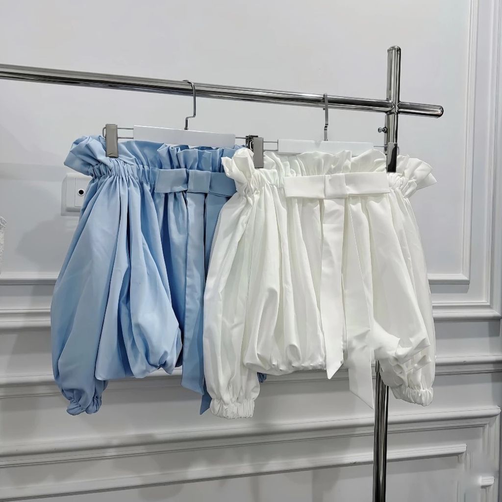 Áo trễ vai tay bồng đính nơ dáng bí phối viền bèo nữ tính chất thô Hàn - Ảnh 4