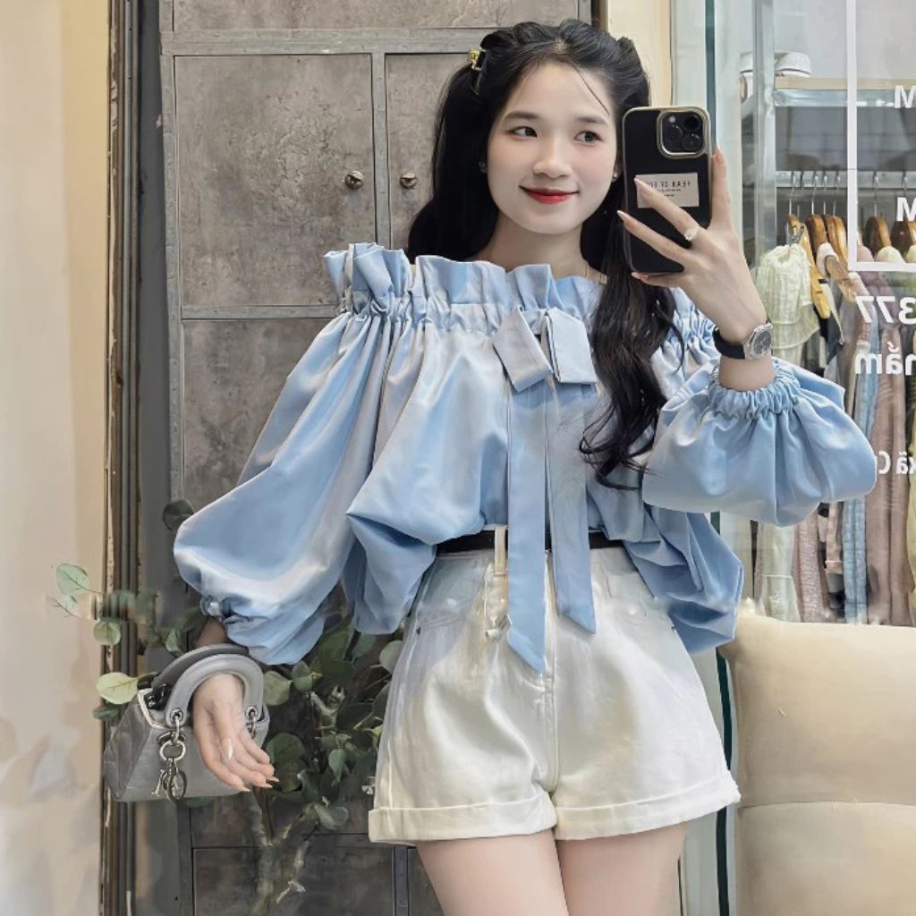 Áo trễ vai tay bồng đính nơ dáng bí phối viền bèo nữ tính chất thô Hàn - Ảnh 2