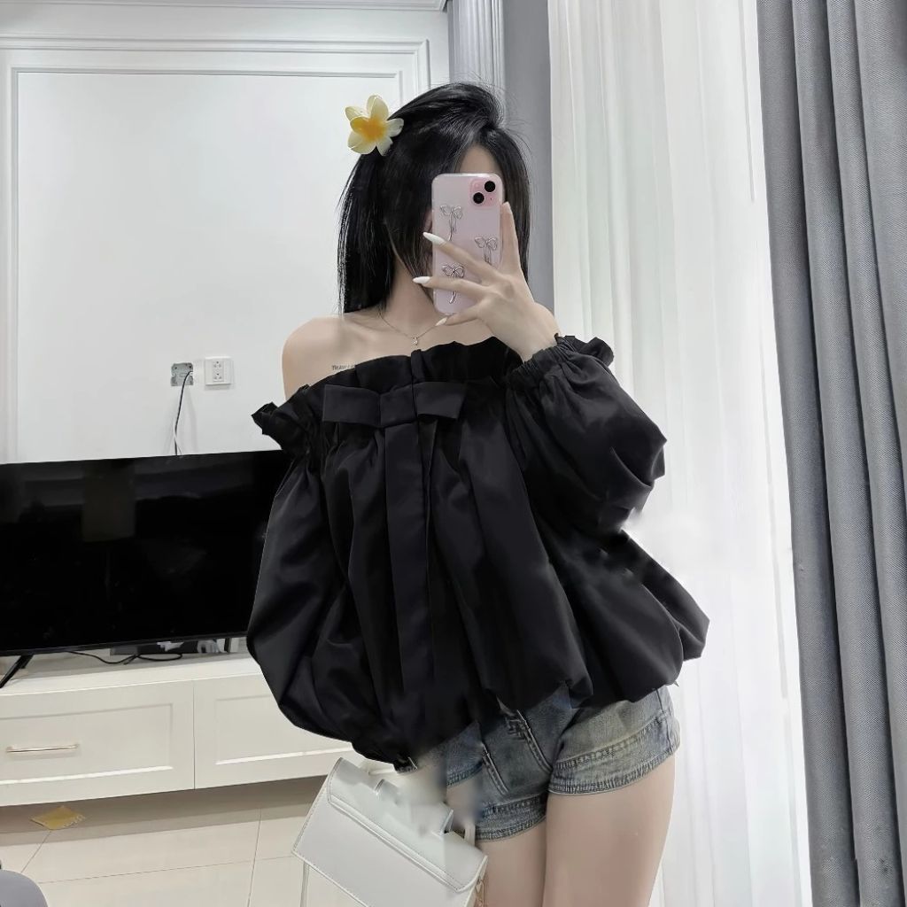Áo trễ vai tay bồng đính nơ dáng bí phối viền bèo nữ tính chất thô Hàn