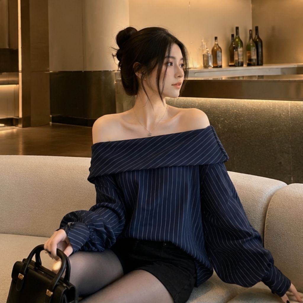 Áo trễ vai tay bồng kẻ xanh form rộng – áo bánh bèo tiểu thư mặc 2 kiểu
