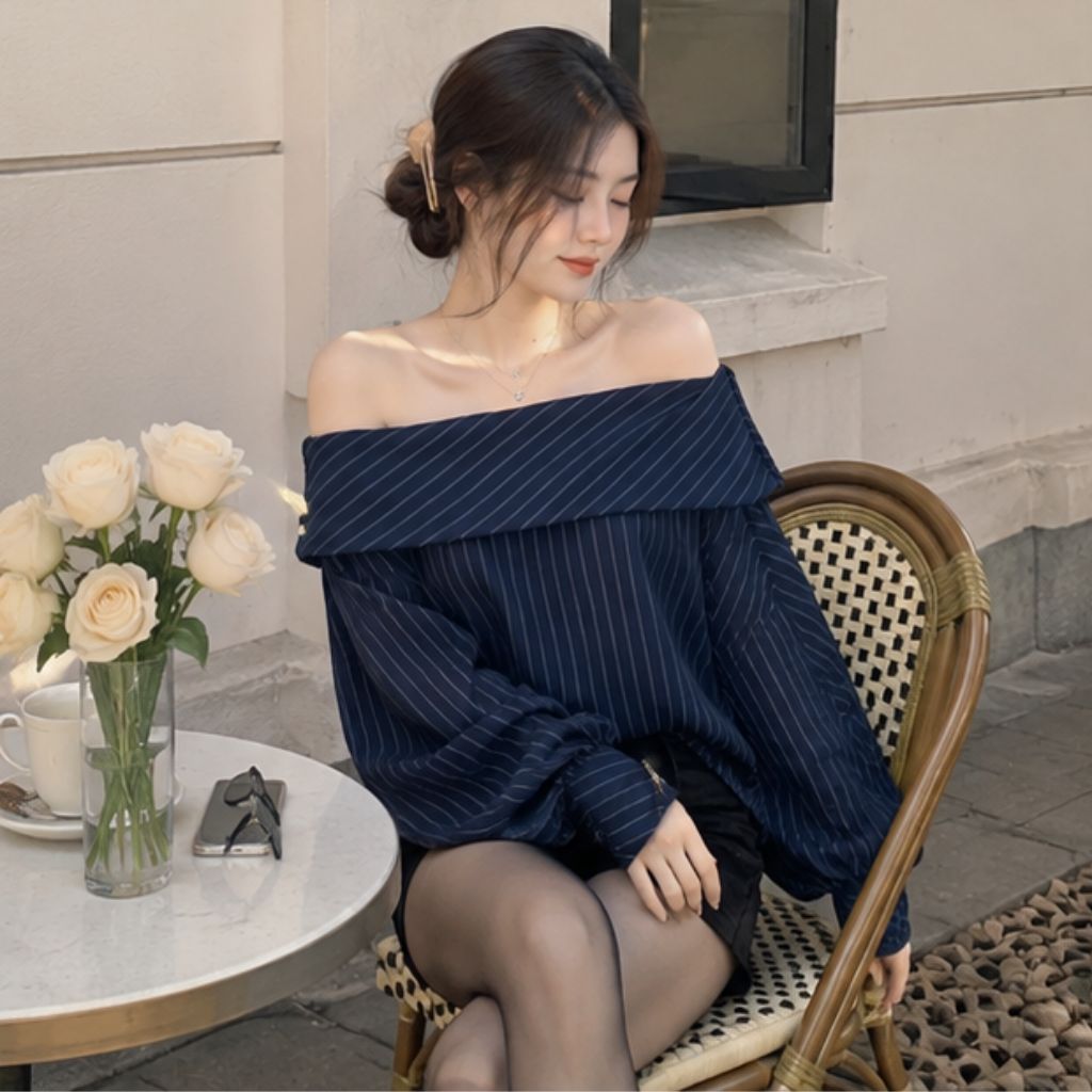 Áo trễ vai tay bồng kẻ xanh form rộng – áo bánh bèo tiểu thư mặc 2 kiểu