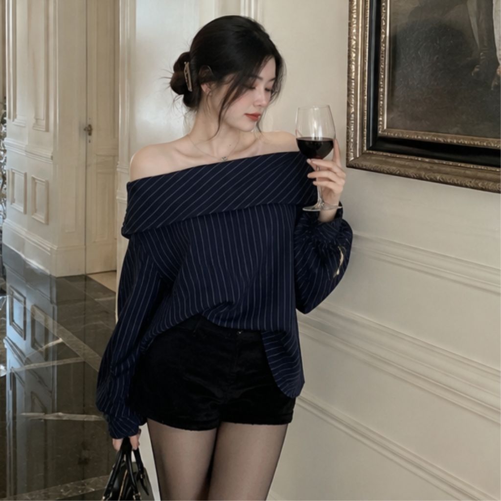 Áo trễ vai tay bồng kẻ xanh form rộng – áo bánh bèo tiểu thư mặc 2 kiểu