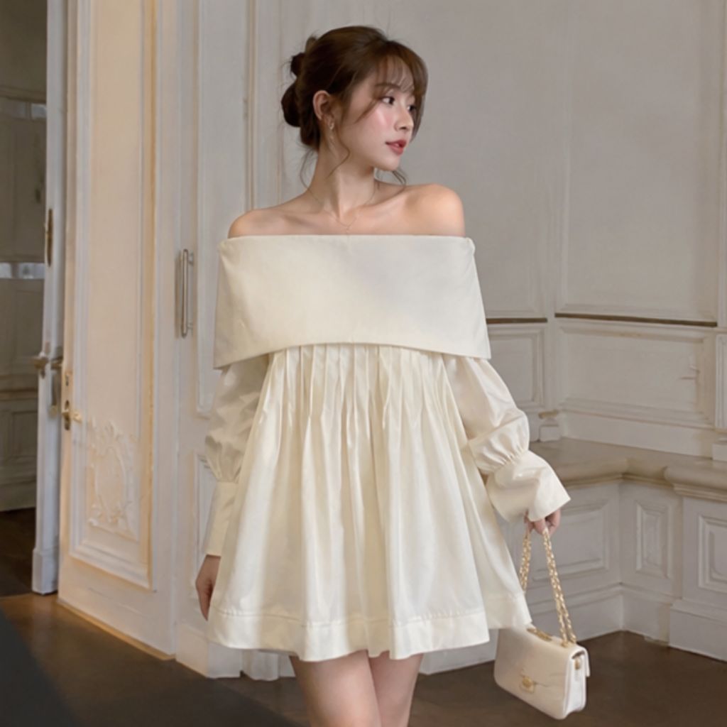 Áo trễ vai thô trơn xếp ly ngực tay bồng dáng babydoll siêu xinh - Ảnh 3
