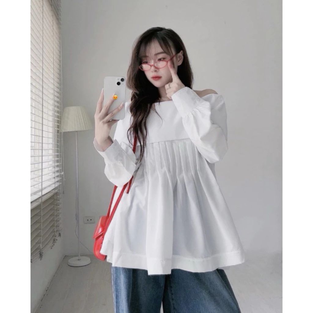 Áo trễ vai thô trơn xếp ly ngực tay bồng dáng babydoll siêu xinh - Ảnh 2