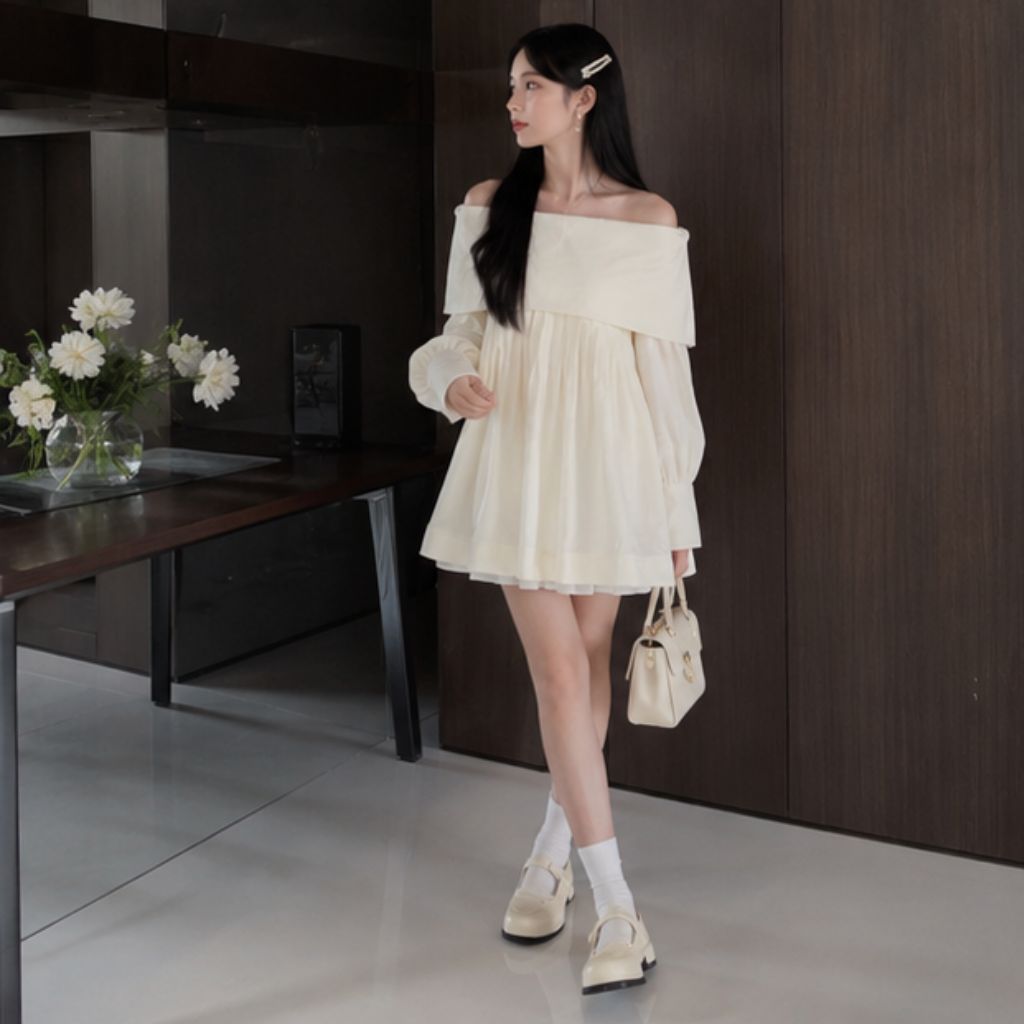 Áo trễ vai thô trơn xếp ly ngực tay bồng dáng babydoll siêu xinh - Ảnh 4