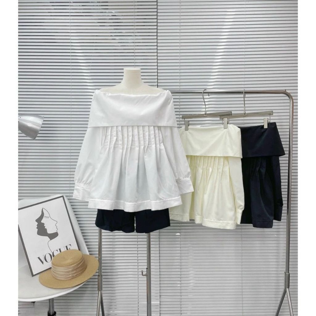 Áo trễ vai thô trơn xếp ly ngực tay bồng dáng babydoll siêu xinh - Ảnh 3