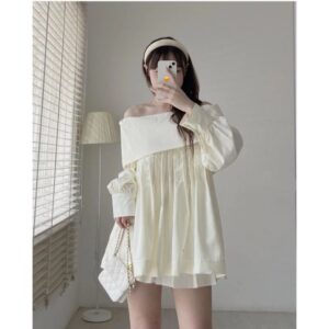 Áo trễ vai thô trơn xếp ly ngực tay bồng dáng babydoll siêu xinh