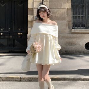 Áo trễ vai thô trơn xếp ly ngực tay bồng dáng babydoll siêu xinh