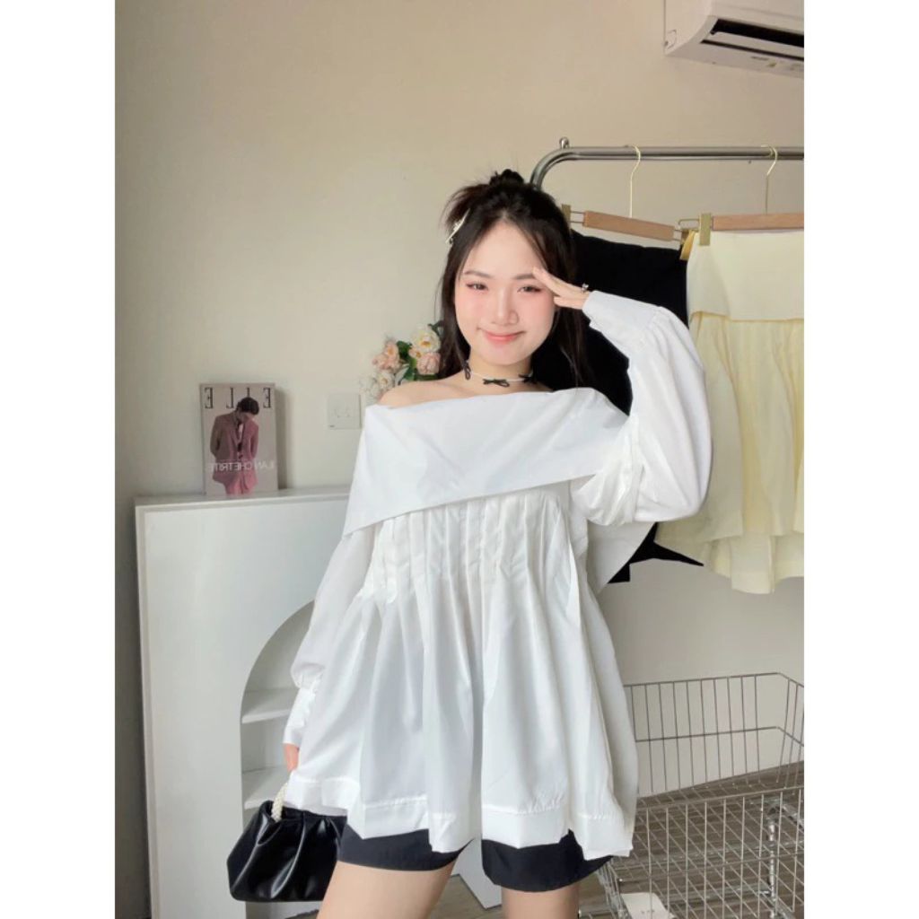 Áo trễ vai thô trơn xếp ly ngực tay bồng dáng babydoll siêu xinh - Ảnh 4