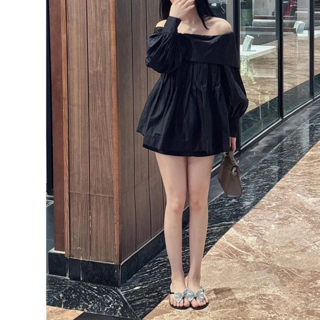 Áo trễ vai thô trơn xếp ly ngực tay bồng dáng babydoll siêu xinh - Ảnh 5