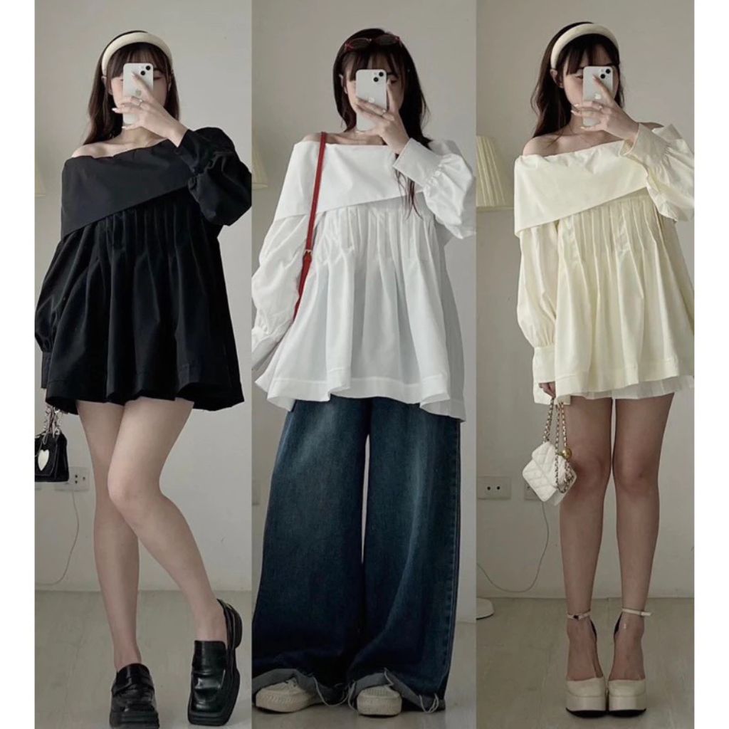 Áo trễ vai thô trơn xếp ly ngực tay bồng dáng babydoll siêu xinh - Ảnh 6