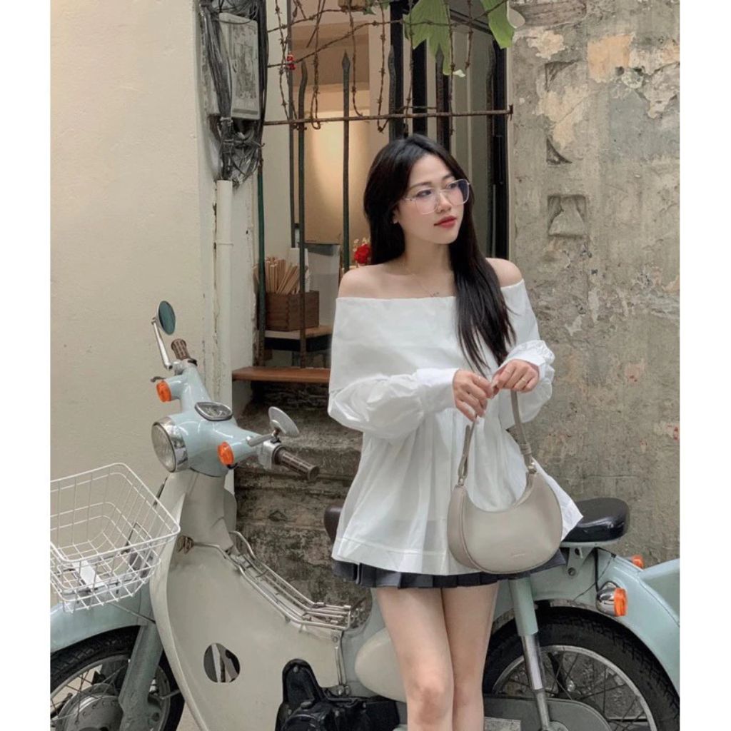 Áo trễ vai thô trơn xếp ly ngực tay bồng dáng babydoll siêu xinh - Ảnh 7