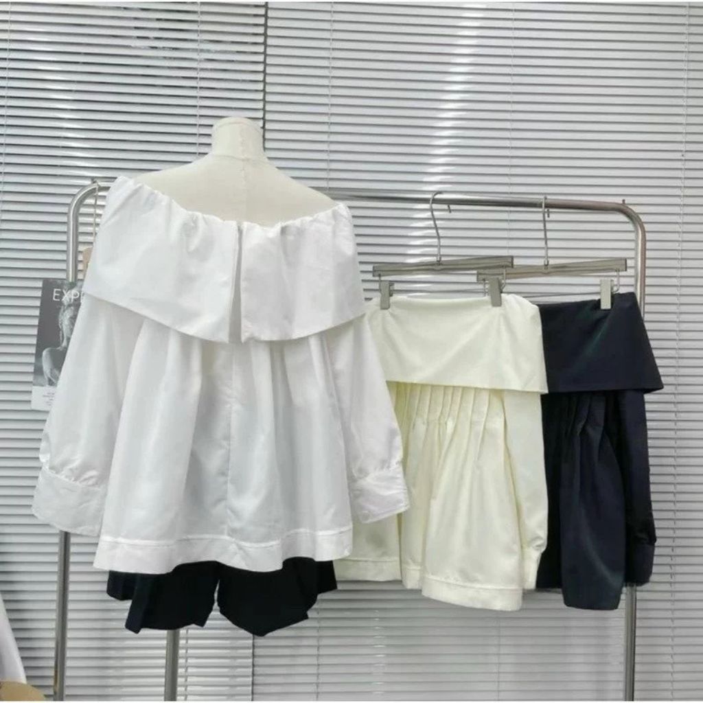 Áo trễ vai thô trơn xếp ly ngực tay bồng dáng babydoll siêu xinh - Ảnh 8