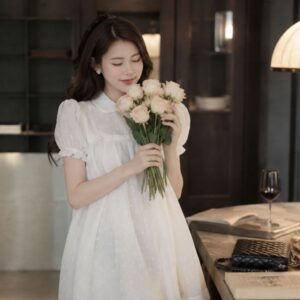 Áo váy tiểu thư dáng babydoll ren hoa thêu nổi siêu xinh nữ tính - Hình ảnh 3