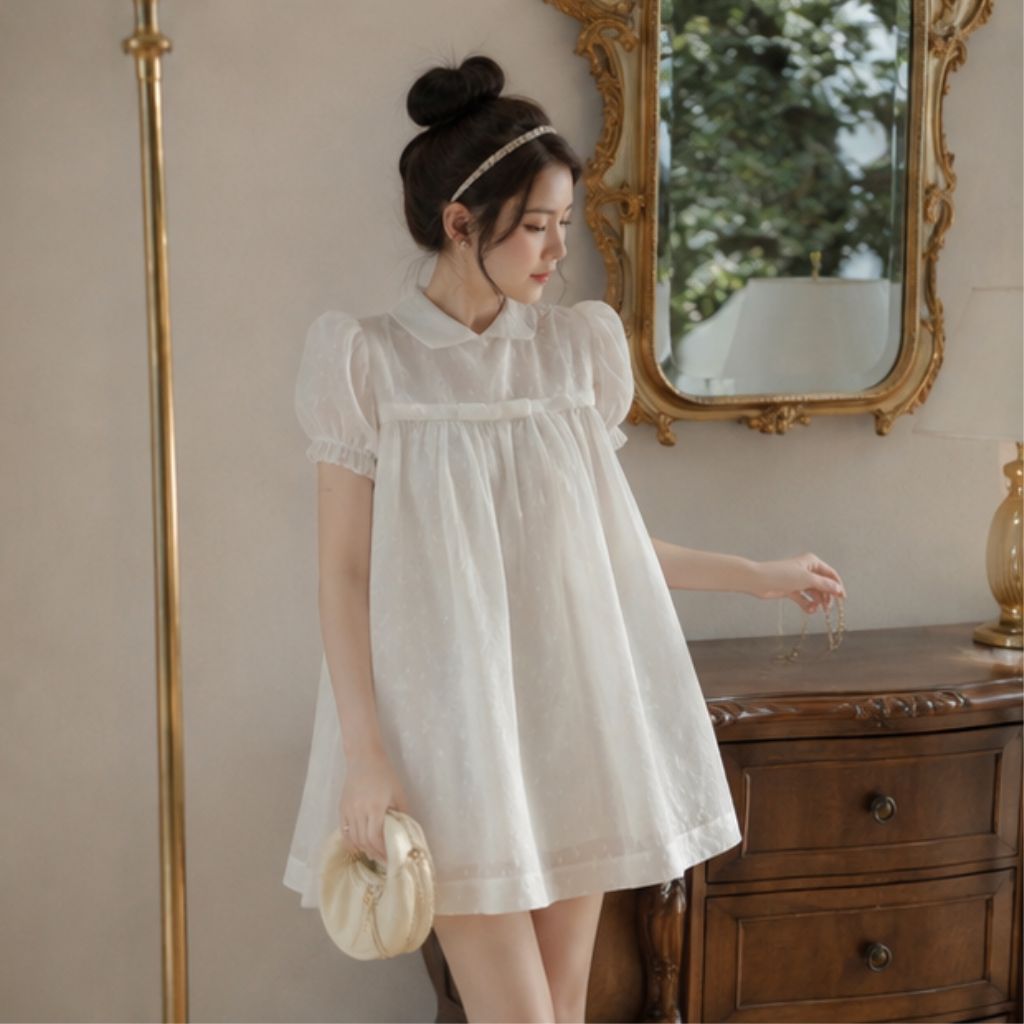 Áo váy tiểu thư dáng babydoll ren hoa thêu nổi siêu xinh nữ tính