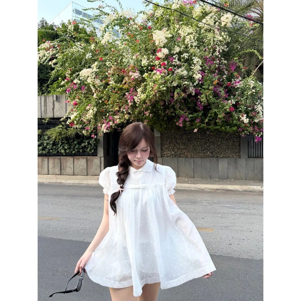 Áo váy tiểu thư dáng babydoll ren hoa thêu nổi siêu xinh nữ tính