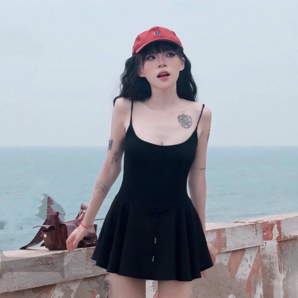 Bộ jumpsuit dáng váy chữ A ôm body rút dây eo tôn dáng kèm mút đệm