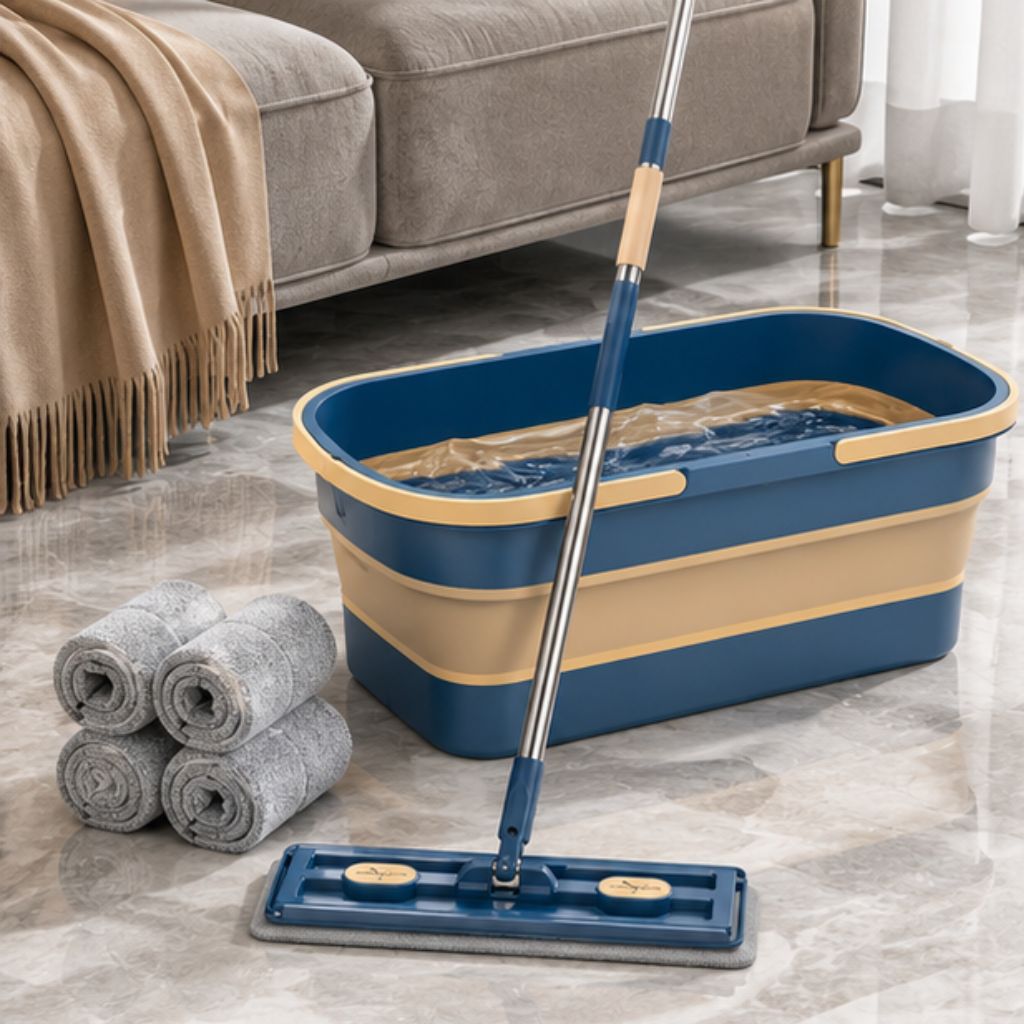 Cây lau nhà tự vắt kèm xô 4 bông bản lau 45cm tiện lợi - Ảnh 4
