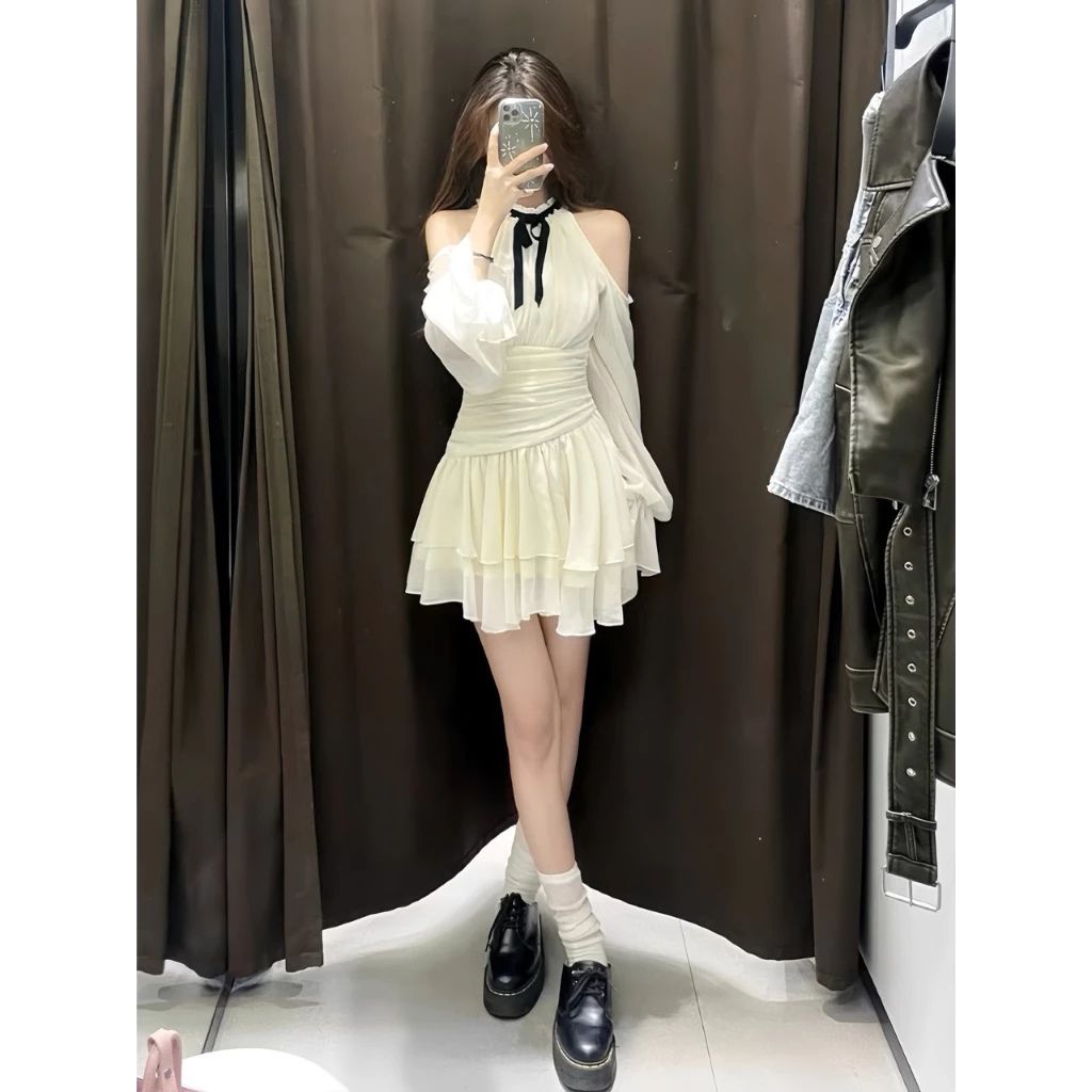 Đầm hở vai phối nơ đen chân váy xòe tầng voan 2 lớp kèm đai eo tiểu thư - Ảnh 4